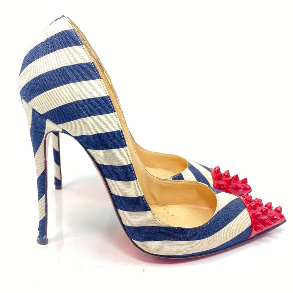 Christian Louboutin Geo Pump 120 Striped Spikes Fabric White Blue Pumps Euro 36